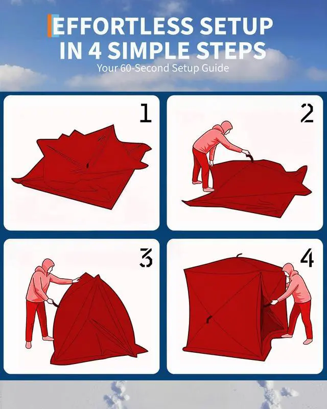 Alt view image 6 of 7 - Insulated Pop-Up Ice Fishing Tent Shelter, 68 Person Portable Hub-Style Cabin Shanty, 60-Second Instant Setup, Windproof Thermal, Winter Ice Fishing Tent w/Ice Anchors, Stability Ropes & Carry Bag