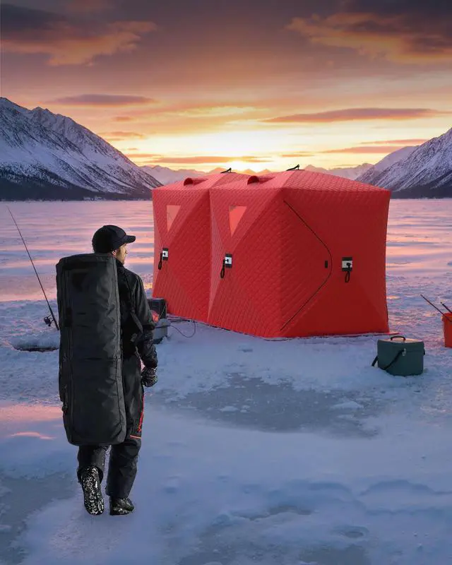 Alt view image 7 of 7 - Insulated Pop-Up Ice Fishing Tent Shelter, 68 Person Portable Hub-Style Cabin Shanty, 60-Second Instant Setup, Windproof Thermal, Winter Ice Fishing Tent w/Ice Anchors, Stability Ropes & Carry Bag