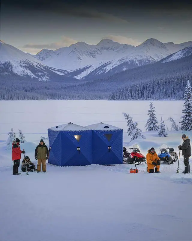 Alt view image 2 of 7 - Insulated Pop-Up Ice Fishing Tent Shelter, 68 Person Portable Hub-Style Cabin Shanty, 60-Second Instant Setup, Windproof Thermal, Winter Ice Fishing Tent w/Ice Anchors, Stability Ropes & Carry Bag