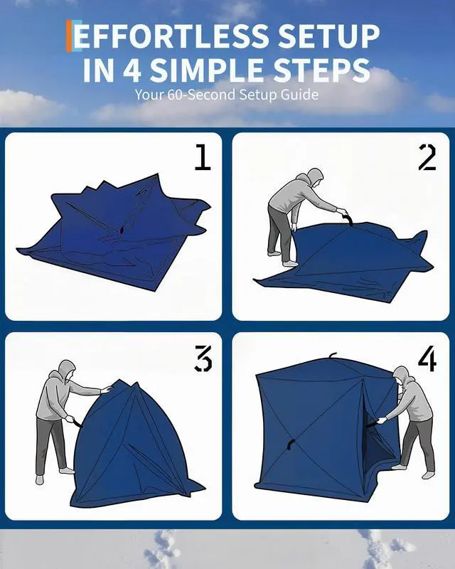 Alt view image 3 of 7 - Insulated Pop-Up Ice Fishing Tent Shelter, 68 Person Portable Hub-Style Cabin Shanty, 60-Second Instant Setup, Windproof Thermal, Winter Ice Fishing Tent w/Ice Anchors, Stability Ropes & Carry Bag