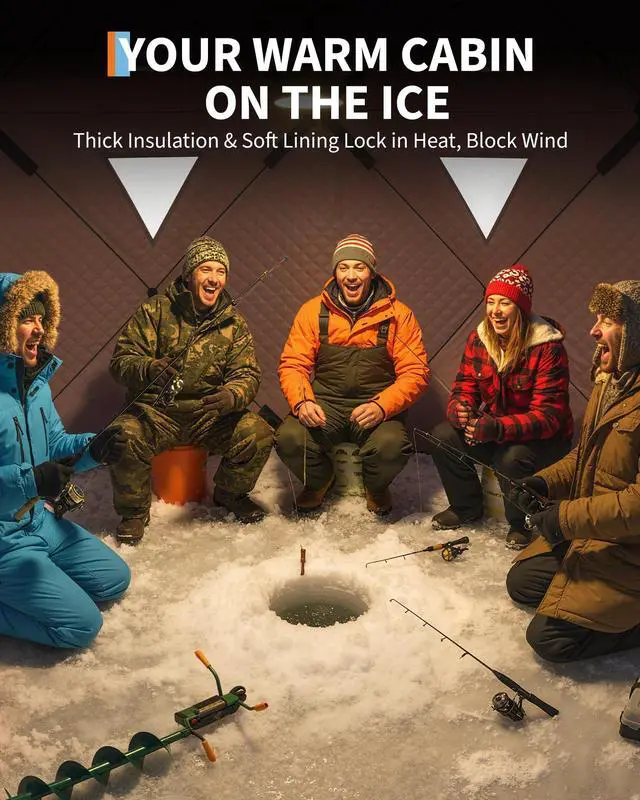 Alt view image 4 of 7 - Insulated Pop-Up Ice Fishing Tent Shelter, 68 Person Portable Hub-Style Cabin Shanty, 60-Second Instant Setup, Windproof Thermal, Winter Ice Fishing Tent w/Ice Anchors, Stability Ropes & Carry Bag