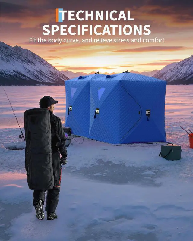 Alt view image 7 of 7 - Insulated Pop-Up Ice Fishing Tent Shelter, 68 Person Portable Hub-Style Cabin Shanty, 60-Second Instant Setup, Windproof Thermal, Winter Ice Fishing Tent w/Ice Anchors, Stability Ropes & Carry Bag