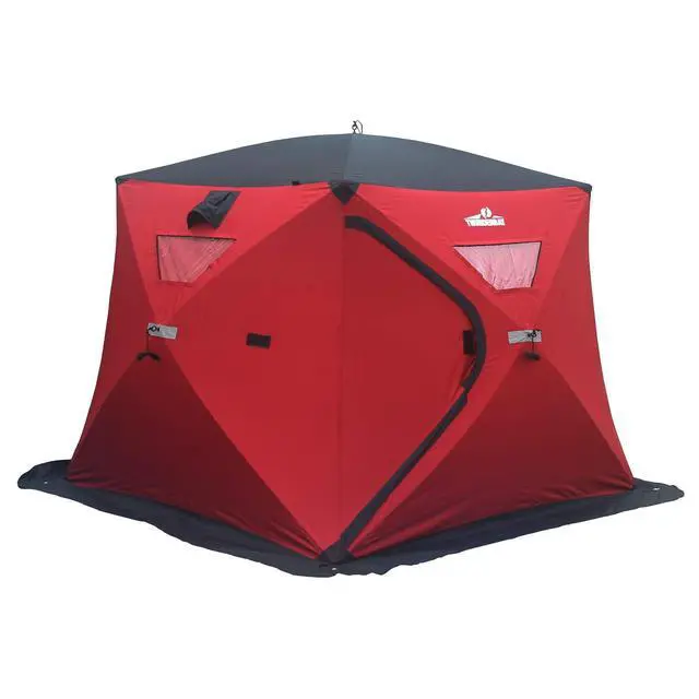 Alt view image 2 of 6 - Ice Cube Series Pop-Up 3-4 Person Wide Bottom Ice Fishing Shelter, 39-56 Square Feet of Fishable Area, Portable 3-4 Person Ice Shanty
