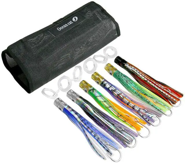Main image of Saltwater Trolling Lures Set, Offshore Fishing Lure Rigged Circle Hook & 6 in/9 in Hoochie Octopus/Squid Skirts for Catching Mahi, Tuna, Wahoo and Big Game Fishes