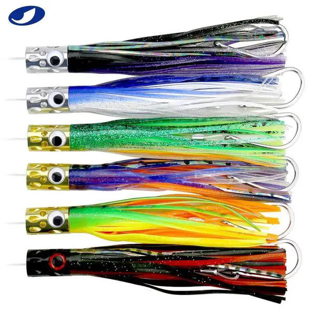 Alt view image 2 of 7 - Saltwater Trolling Lures Set, Offshore Fishing Lure Rigged Circle Hook & 6 in/9 in Hoochie Octopus/Squid Skirts for Catching Mahi, Tuna, Wahoo and Big Game Fishes