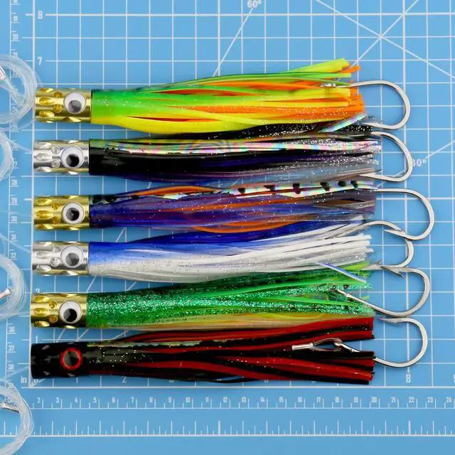 Alt view image 3 of 7 - Saltwater Trolling Lures Set, Offshore Fishing Lure Rigged Circle Hook & 6 in/9 in Hoochie Octopus/Squid Skirts for Catching Mahi, Tuna, Wahoo and Big Game Fishes