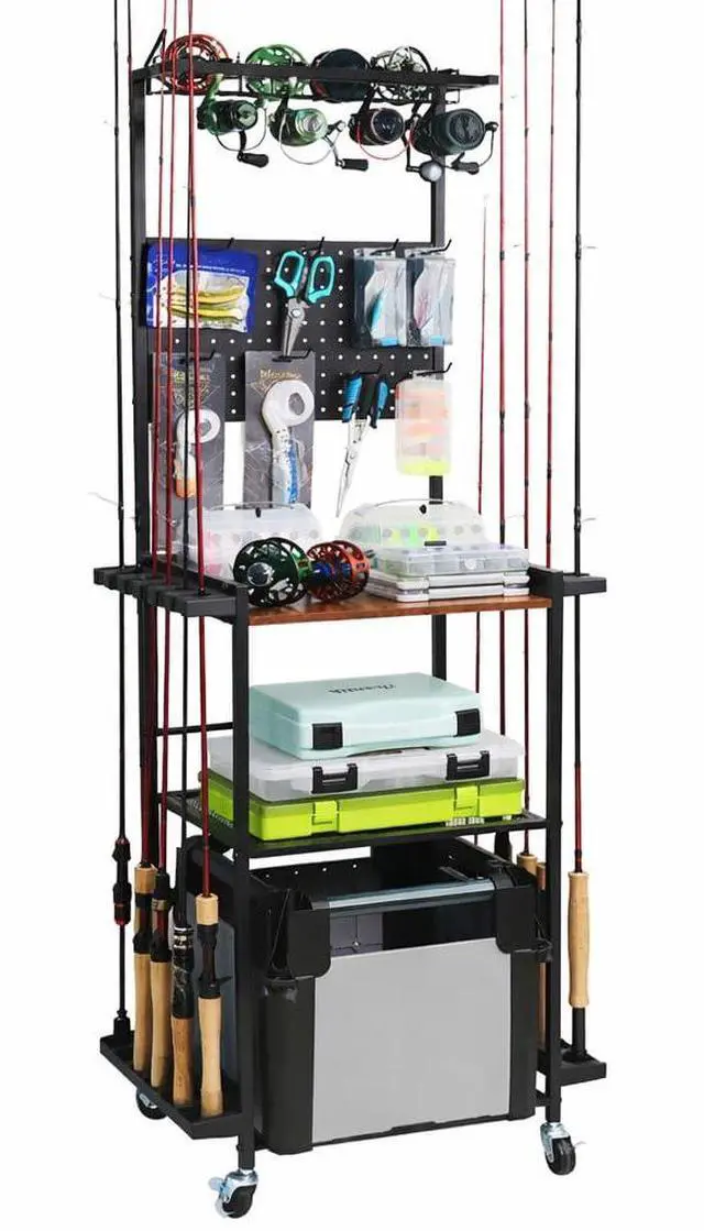 Main image of Fishing Rod Holders For Garage, 3-Tier Fishing Rod Rack Store 12 Rods& 8 Reels, Heavy Duty Pegboard Freestanding Rod Rack