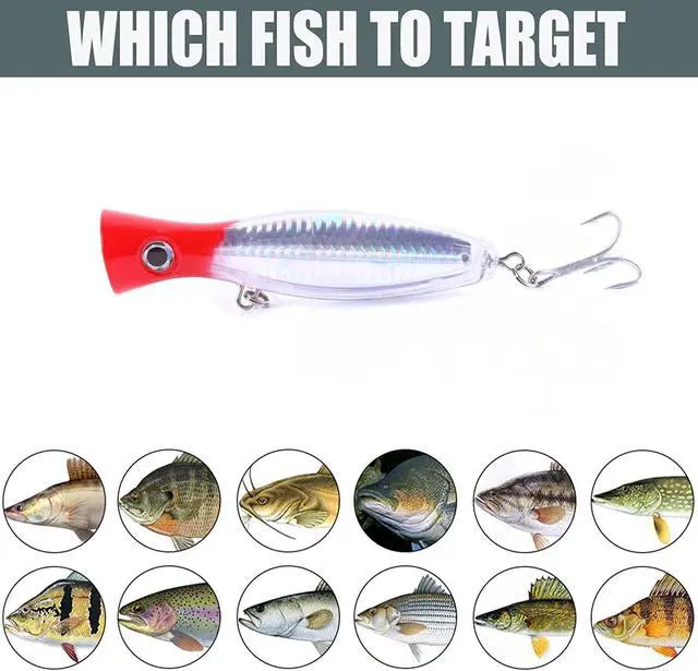 Alt view image 5 of 6 - Popper Fishing Lure Set, 3 PCS Topwater Popper Lures 3D Eyes Fishing Accessories for Saltwater Surface Casting and Freshwater Fishing Gt Tuna Kingfish Large Predator Fish (5.11in, 1.48Oz)