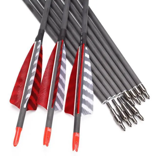 Alt view image 3 of 7 - Pure Carbon Arrows 600 700 Spine 30 Inch Turkey Feather Fletching Screw in Field Points Targeting Hunting for Traditional Long Bow Recurve Bow Compound Bow