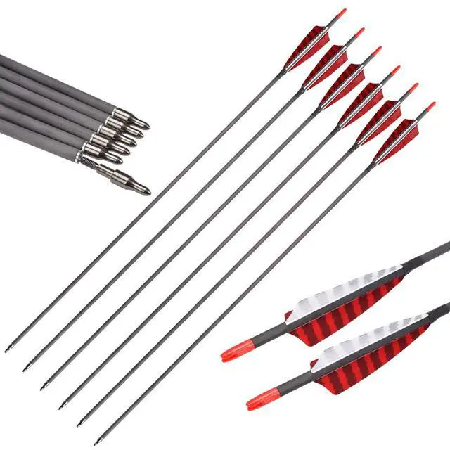 Alt view image 5 of 7 - Pure Carbon Arrows 600 700 Spine 30 Inch Turkey Feather Fletching Screw in Field Points Targeting Hunting for Traditional Long Bow Recurve Bow Compound Bow