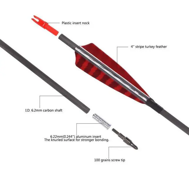Alt view image 6 of 7 - Pure Carbon Arrows 600 700 Spine 30 Inch Turkey Feather Fletching Screw in Field Points Targeting Hunting for Traditional Long Bow Recurve Bow Compound Bow