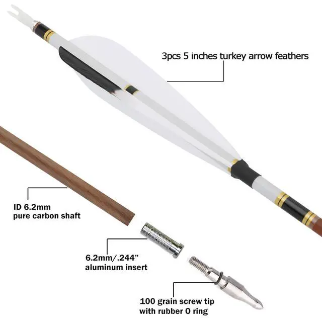 Alt view image 3 of 7 - 31" Carbon Arrows Spine 340 400 500 600 Archery Hunting Arrows with Natural Feather Removable Tips Targeting Arrows for Compound & Recurve & Traditional Bow 6/12pcs