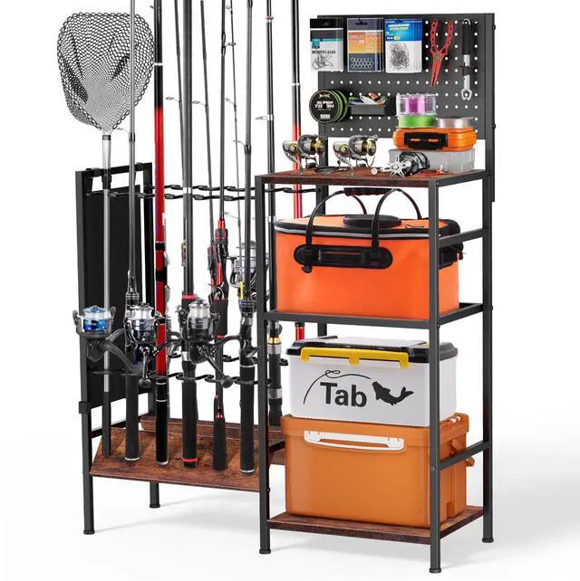 Main image of Fishing Rod Storage Rack for Garage, Holds up to 12 Rods, Heavy Duty Fishing Gear Organizer with Pegboard, 3-Tier Metal Stand with Shelves, Hooks & Accessory Storage