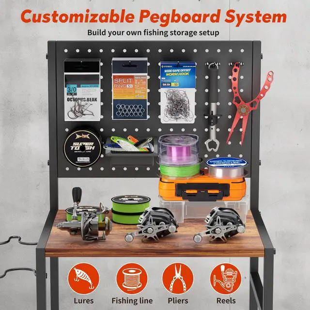 Alt view image 2 of 7 - Fishing Rod Storage Rack for Garage, Holds up to 12 Rods, Heavy Duty Fishing Gear Organizer with Pegboard, 3-Tier Metal Stand with Shelves, Hooks & Accessory Storage