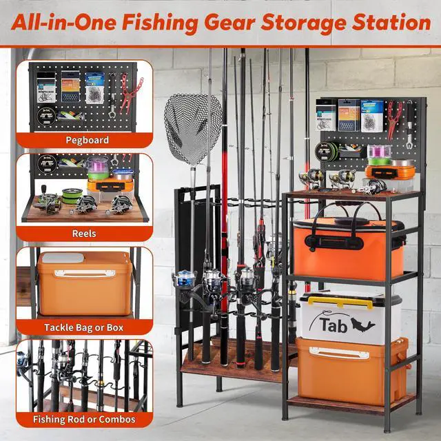 Alt view image 3 of 7 - Fishing Rod Storage Rack for Garage, Holds up to 12 Rods, Heavy Duty Fishing Gear Organizer with Pegboard, 3-Tier Metal Stand with Shelves, Hooks & Accessory Storage