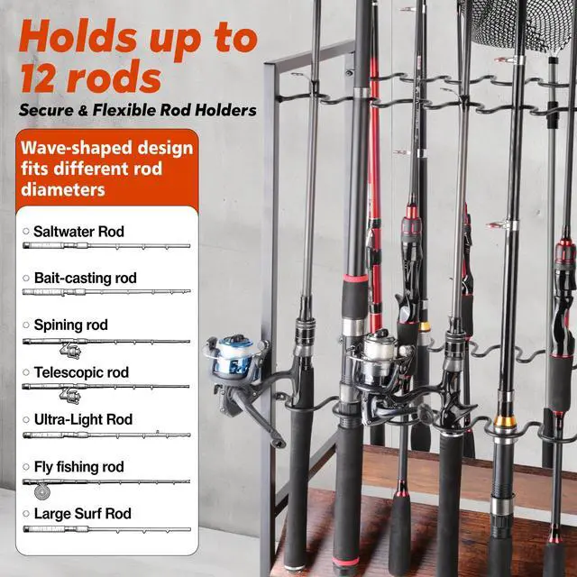 Alt view image 4 of 7 - Fishing Rod Storage Rack for Garage, Holds up to 12 Rods, Heavy Duty Fishing Gear Organizer with Pegboard, 3-Tier Metal Stand with Shelves, Hooks & Accessory Storage