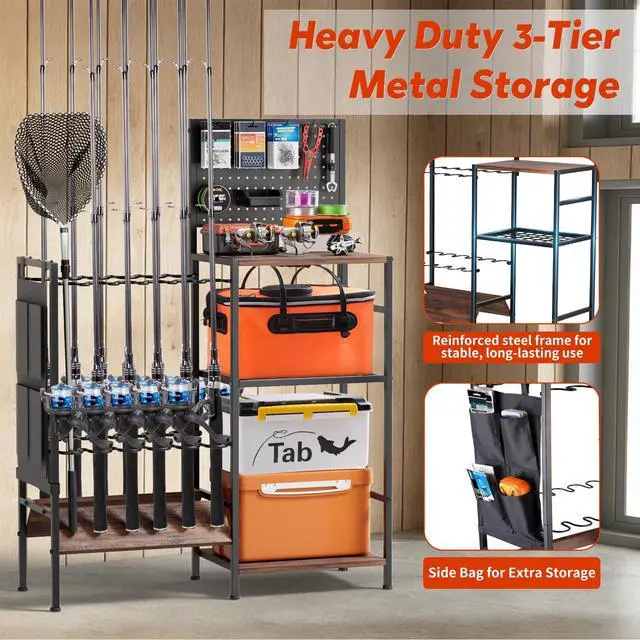 Alt view image 5 of 7 - Fishing Rod Storage Rack for Garage, Holds up to 12 Rods, Heavy Duty Fishing Gear Organizer with Pegboard, 3-Tier Metal Stand with Shelves, Hooks & Accessory Storage