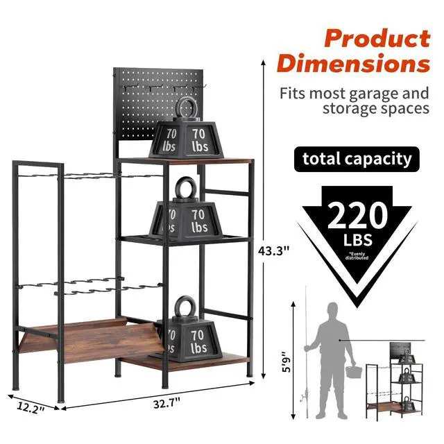 Alt view image 7 of 7 - Fishing Rod Storage Rack for Garage, Holds up to 12 Rods, Heavy Duty Fishing Gear Organizer with Pegboard, 3-Tier Metal Stand with Shelves, Hooks & Accessory Storage
