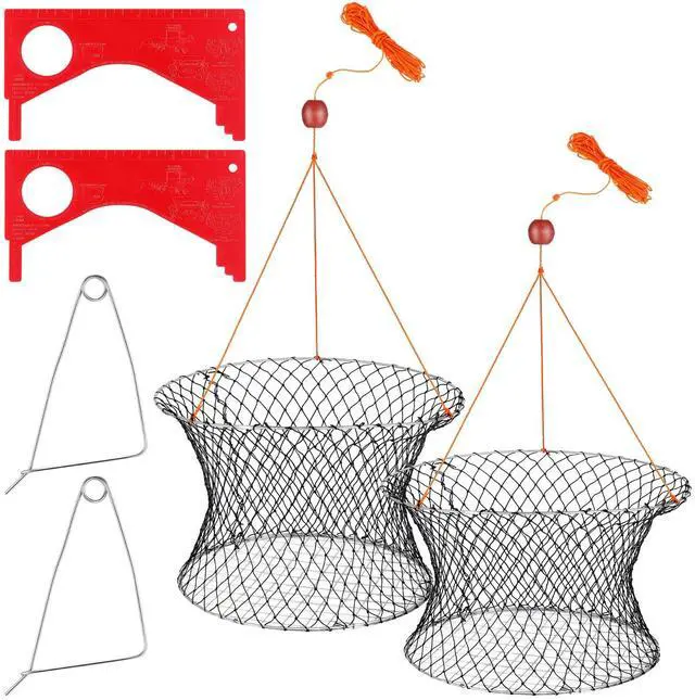 Main image of 2 Sets Crab Trap Bait Wire Grid Bottom Crab Nets Foldable Fishing Net Hand Casting Cage with Harness and Bait Clip