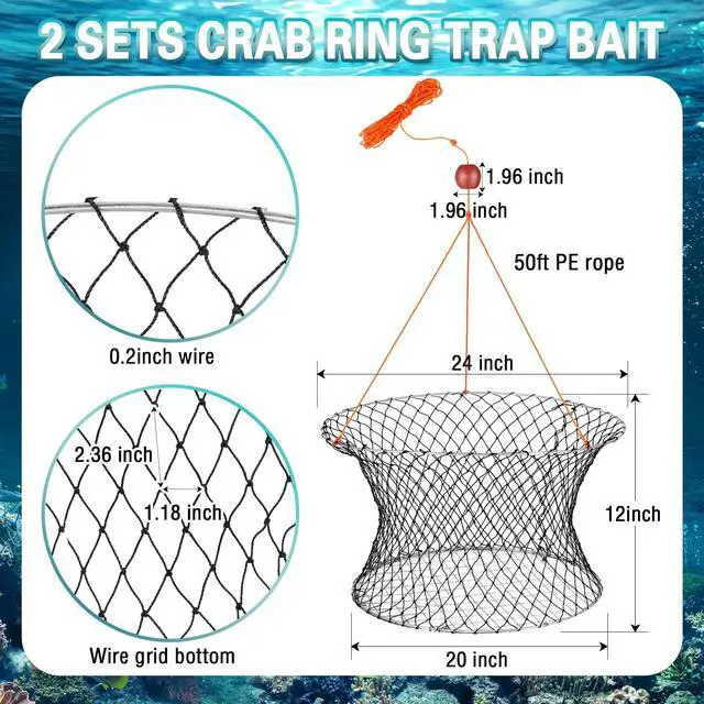 Alt view image 2 of 6 - 2 Sets Crab Trap Bait Wire Grid Bottom Crab Nets Foldable Fishing Net Hand Casting Cage with Harness and Bait Clip