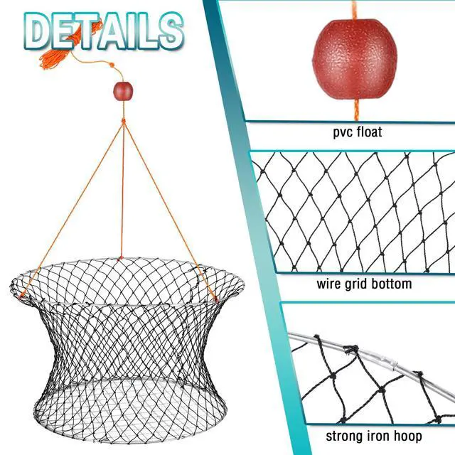 Alt view image 3 of 6 - 2 Sets Crab Trap Bait Wire Grid Bottom Crab Nets Foldable Fishing Net Hand Casting Cage with Harness and Bait Clip