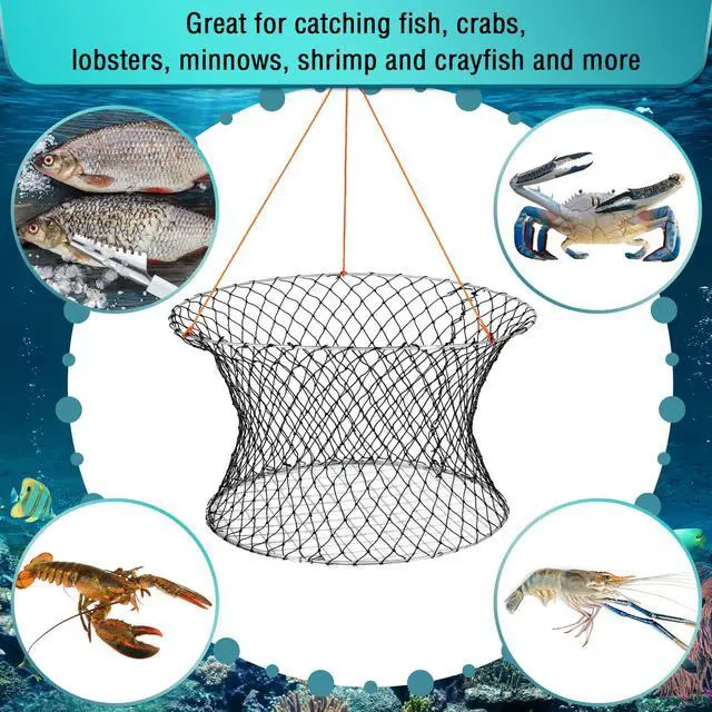 Alt view image 5 of 6 - 2 Sets Crab Trap Bait Wire Grid Bottom Crab Nets Foldable Fishing Net Hand Casting Cage with Harness and Bait Clip