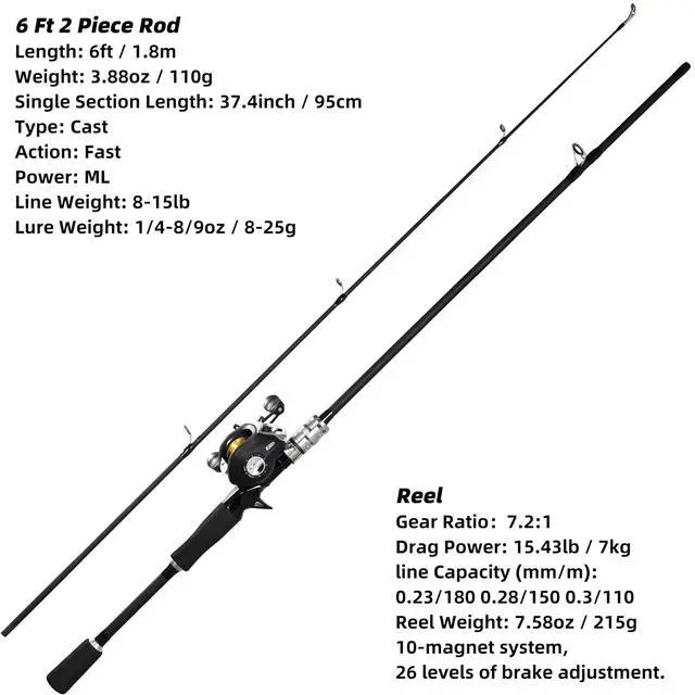 Alt view image 3 of 6 - Fishing Rod and Reel Combo, Black Color Baitcasting Combo Baitcast Reel, 2-Piece Baitcaster Rod, Durable Fiberglass with Comfortable EVA Handle