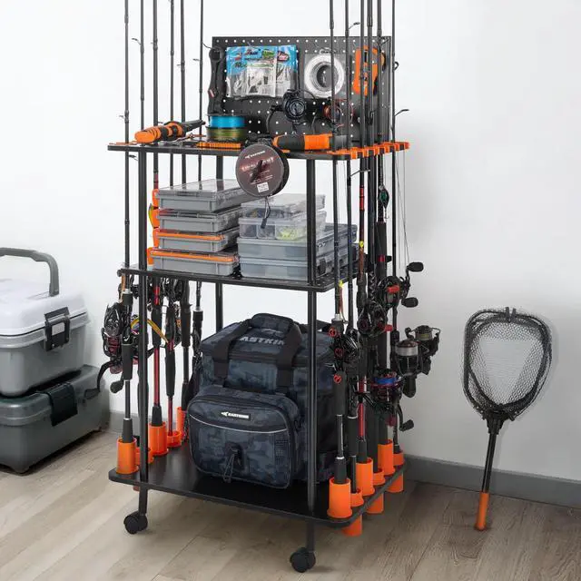 Main image of Gear Trolley V12, Indoor Fishing Rod Holder for 12 Combos, 3-Tier Fishing Accessory Shelves With Peg Wall, Patented Built-in Line Spooler, Mobile Tackle Storage Cart With Locking Wheels