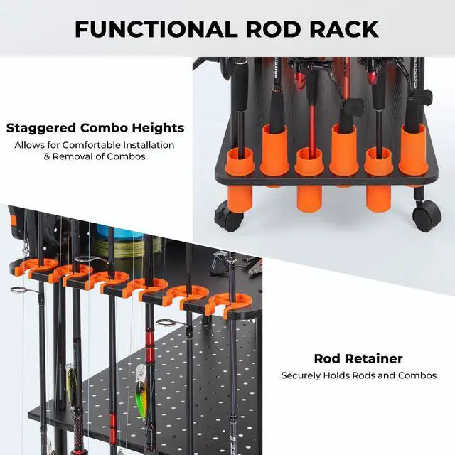 Alt view image 4 of 7 - Gear Trolley V12, Indoor Fishing Rod Holder for 12 Combos, 3-Tier Fishing Accessory Shelves With Peg Wall, Patented Built-in Line Spooler, Mobile Tackle Storage Cart With Locking Wheels