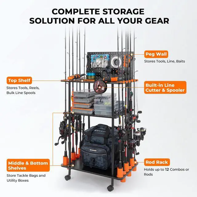 Alt view image 2 of 7 - Gear Trolley V12, Indoor Fishing Rod Holder for 12 Combos, 3-Tier Fishing Accessory Shelves With Peg Wall, Patented Built-in Line Spooler, Mobile Tackle Storage Cart With Locking Wheels