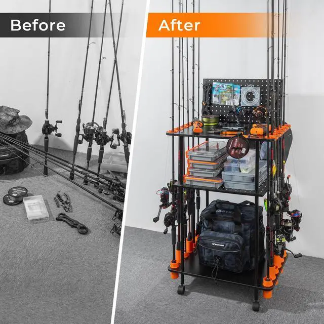 Alt view image 6 of 7 - Gear Trolley V12, Indoor Fishing Rod Holder for 12 Combos, 3-Tier Fishing Accessory Shelves With Peg Wall, Patented Built-in Line Spooler, Mobile Tackle Storage Cart With Locking Wheels