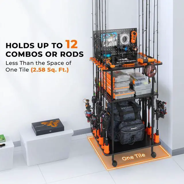 Alt view image 3 of 7 - Gear Trolley V12, Indoor Fishing Rod Holder for 12 Combos, 3-Tier Fishing Accessory Shelves With Peg Wall, Patented Built-in Line Spooler, Mobile Tackle Storage Cart With Locking Wheels