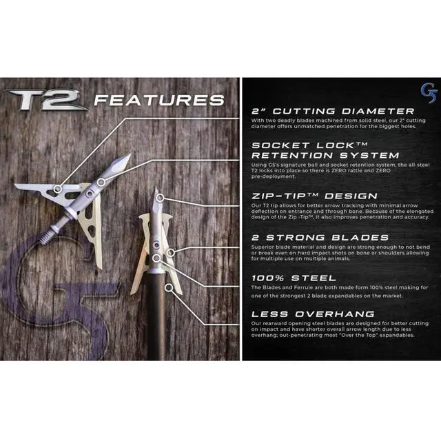 Alt view image 2 of 7 - G5 T2 Expandable 2-Blade Broadheads | 3-Pack | 100/125 Grains | Razor Sharp 2" Cutting Diameter Mechanical Blades | Screw in | Compound & Recurve Compatible
