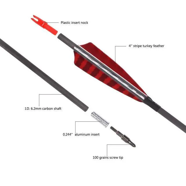 Alt view image 2 of 7 - Pure Carbon Arrows 600 700 Spine 30 Inch Turkey Feather Fletching Screw in Field Points Targeting Hunting for Traditional Long Bow Recurve Bow Compound Bow