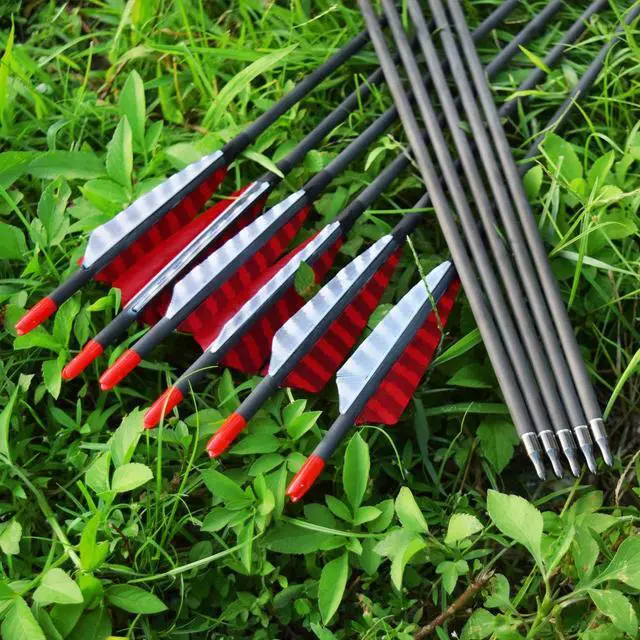 Alt view image 7 of 7 - Pure Carbon Arrows 600 700 Spine 30 Inch Turkey Feather Fletching Screw in Field Points Targeting Hunting for Traditional Long Bow Recurve Bow Compound Bow