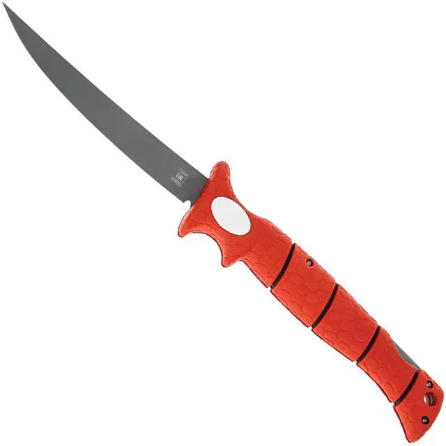 Main image of 7" Tapered Flex Folding Knife with Non-Slip Grip Handle, Offset Full Tang Stainless Steel Blade, Lanyard Hole and Synthetic Sheath for Fishing