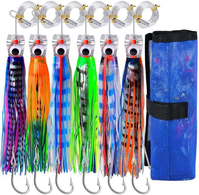 Main image of Fishing Trolling Lures - Big Game Deep Sea Fishing Saltwater Rigged Trolling Lure for Marlin Tuna Wahoo Mahi Dolphin - 6-9 inch 6pcs Bait Set with Mesh Bag