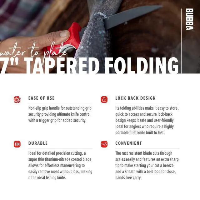 Alt view image 5 of 7 - 7" Tapered Flex Folding Knife with Non-Slip Grip Handle, Offset Full Tang Stainless Steel Blade, Lanyard Hole and Synthetic Sheath for Fishing