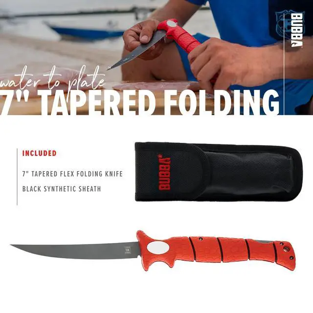 Alt view image 7 of 7 - 7" Tapered Flex Folding Knife with Non-Slip Grip Handle, Offset Full Tang Stainless Steel Blade, Lanyard Hole and Synthetic Sheath for Fishing