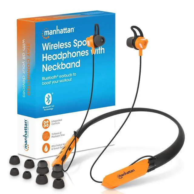 Main image of Bluetooth 5.2 Neckband Earbuds, 15-Hour Battery, Inline Mic, IPX4 | 5.2 in-ear audio, voice control, USB-C charging, magnetic backs, ear hooks, S/M/L tips, secure fit, 15-hour use | 179829FBA