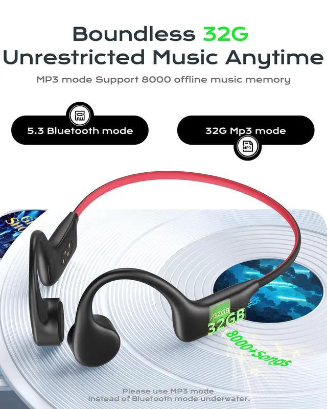 Alt view image 6 of 7 - Open Ear Sport Headphones, Wireless Bone Conduction Earphones, Built-in 32GB MP3,with Mic, IP68, Sweat & Water Resistant, Up to 8 Hours Battery, Bluetooth 5.3,for Running,Swimming,Workouts