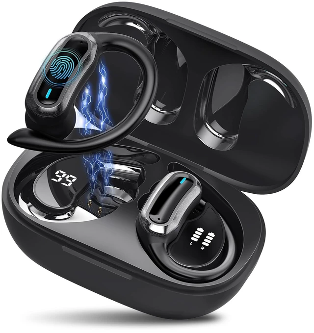 Main image of Wireless Headphones, True Wireless Stereo Sound Earbuds with LED Power Display, IPX7 Waterproof Open Ear Buds with Earhook for Gym, Jogging, Commuting (Black)