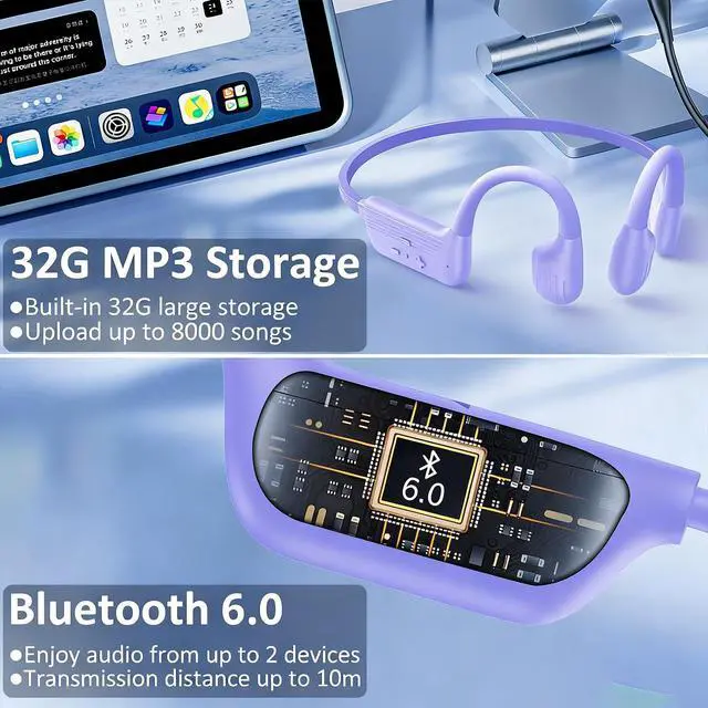 Alt view image 3 of 7 - Swimming Headphones Underwater, IP68 Waterproof Bone Conduction Headphones, Bluetooth 6.0 Open Ear Swim Earbuds with 32GB Built-in MP3,Adjustable Headband for Swim Cap/Hat,Dual Device Pairing (Purple