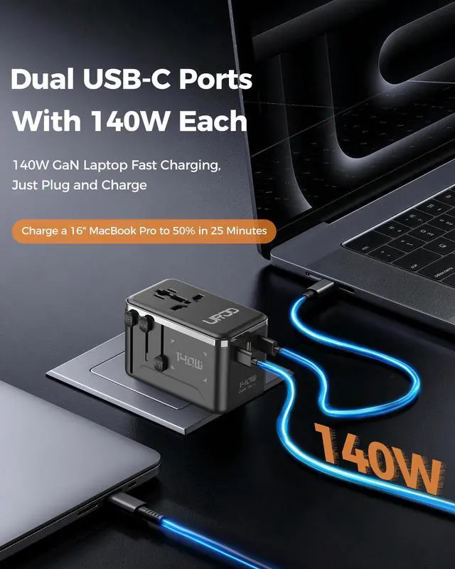 Alt view image 2 of 7 - 140W Max GaN Universal Travel Adapter for Europe UK US 200+ Countries | 3 USB C 1 USB A + 2500W AC Outlet, USB-C Fast Charger for MacBook Pro/Air, iPhone, iPad, Laptop, GaN Fast Charging Technology