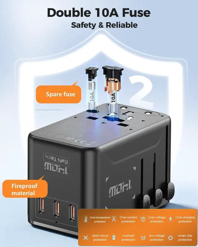 Alt view image 6 of 7 - 140W Max GaN Universal Travel Adapter for Europe UK US 200+ Countries | 3 USB C 1 USB A + 2500W AC Outlet, USB-C Fast Charger for MacBook Pro/Air, iPhone, iPad, Laptop, GaN Fast Charging Technology