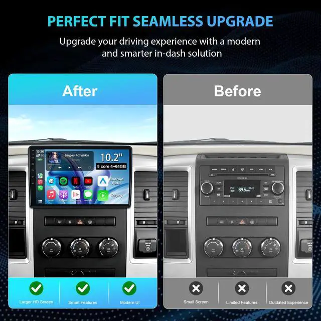Alt view image 2 of 7 - 10.2" 8 Core 4+64GB Car Radio Stereo Upgrade for 2009-2012 Dodge Ram 1500 2500 3500, Plug and Play Android 13 Head Unit with Wireless Carplay/Android Auto/1080P Backup Camera