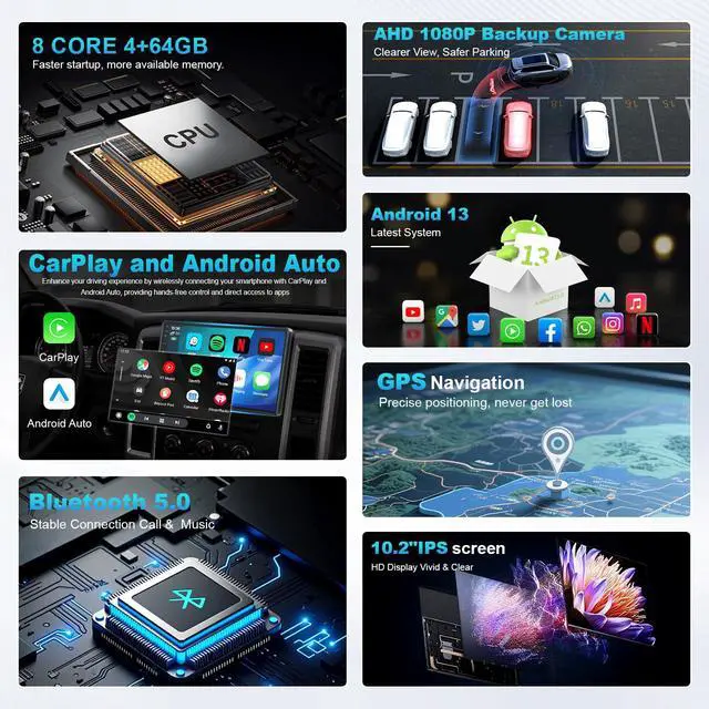 Alt view image 3 of 7 - 10.2" 8 Core 4+64GB Car Radio Stereo Upgrade for 2009-2012 Dodge Ram 1500 2500 3500, Plug and Play Android 13 Head Unit with Wireless Carplay/Android Auto/1080P Backup Camera
