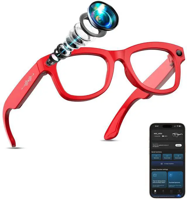 Main image of AI Smart Glasses with Camera Stabilization - 8MP POV Video Recording, Real-Time AI Translation, Smart Assistant, Dual-Mic Noise Canceling for Travel & Meetings - Anti-Blue Light, Red Frame