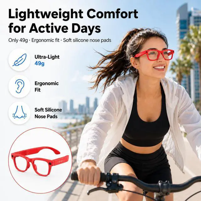 Alt view image 2 of 7 - AI Smart Glasses with Camera Stabilization - 8MP POV Video Recording, Real-Time AI Translation, Smart Assistant, Dual-Mic Noise Canceling for Travel & Meetings - Anti-Blue Light, Red Frame