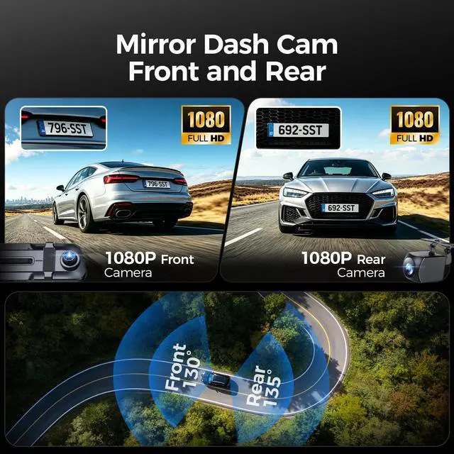 Alt view image 2 of 7 - Mirror Dash Cam,Rear View Mirror Camera 10'', 1080P FHD Full Touch Screen Dash Cam Front and RearCam with Night Vision, Streaming Media 170°Wide Angle Parking Assistance Free 32GB Card